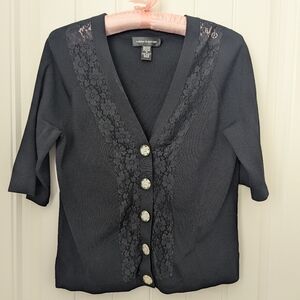 Cable and Gauge Lace Knit Cardigan with Flower Buttons